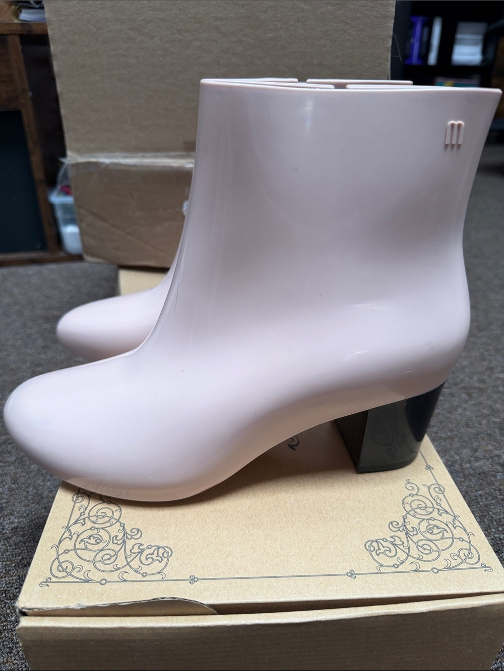 Melissa Blush Pink Glossy Ankle Rain Booties with Black Block Heel